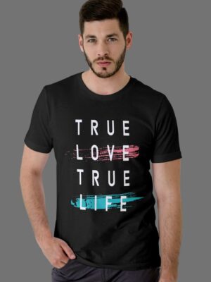 Black half-sleeve t-shirt for men with a life-thought print design.